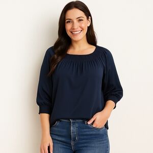 Lafayette 148 Blouse Womens Medium Navy Blue Pleated Top